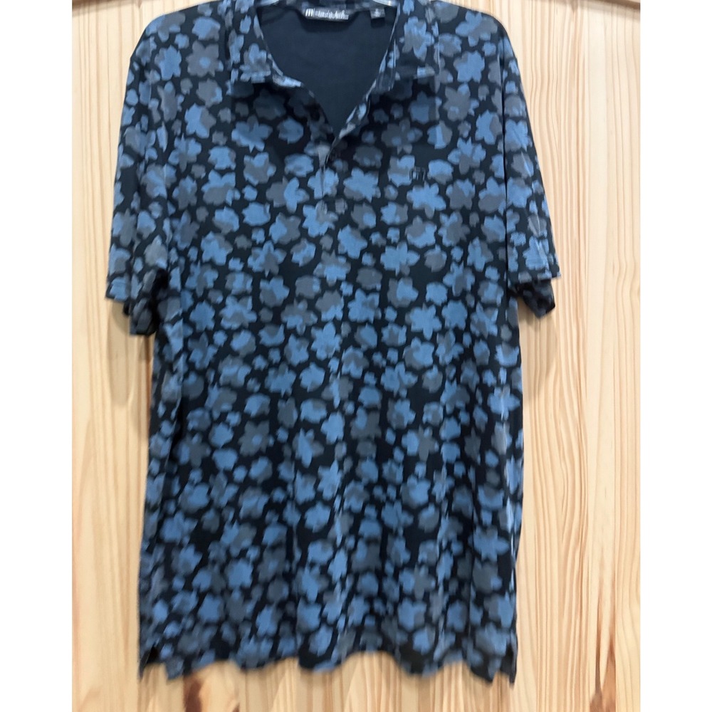 TravisMathew Mens XL Blue Floral Print Short Sleeve Golf Polo Shirt Black